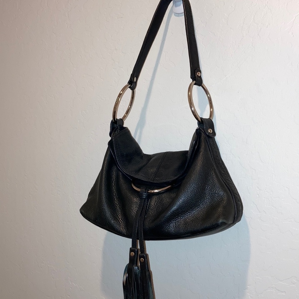 Alfani Black Leather magnetic close and flap over shoulder bag fringe and silver - Picture 15 of 15